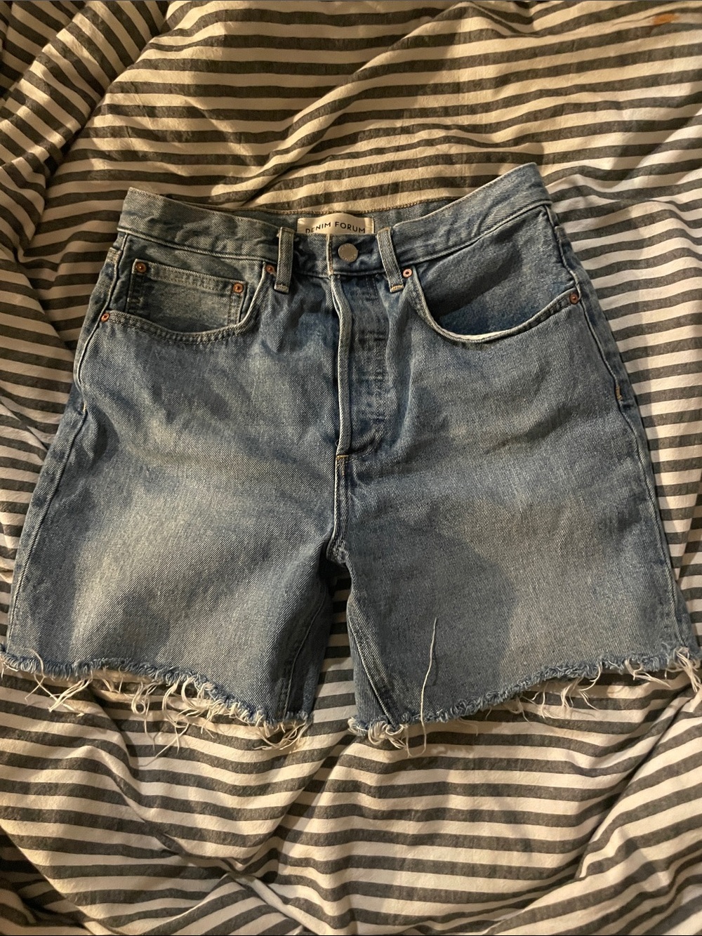 Denim Forum Light Blue High-Rise Frayed Hem Denim Shorts